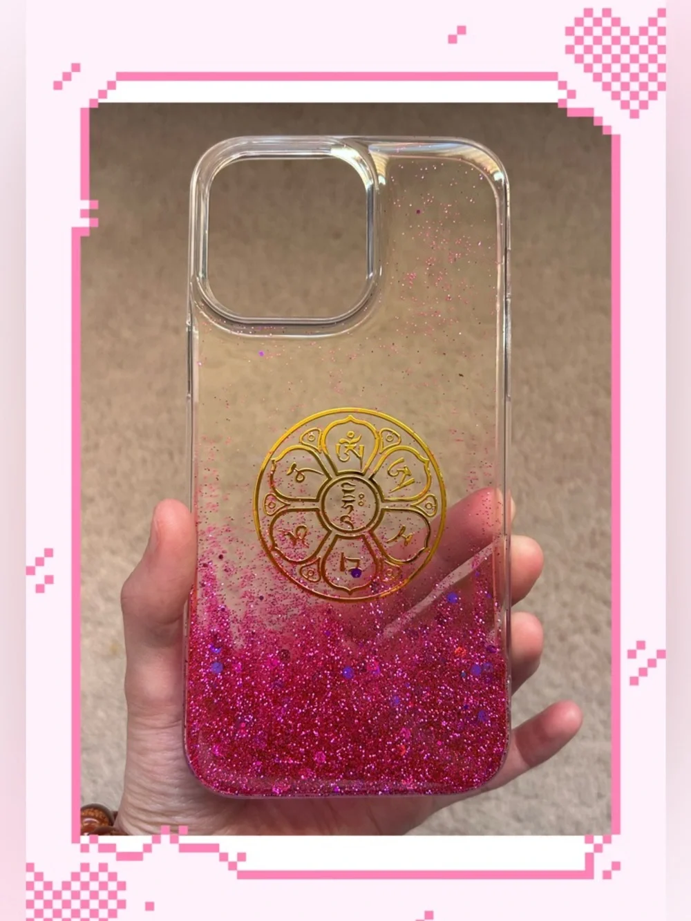 Handmade Tibetan Buddhist Mantra Lotus Pink Glitter IPhone 14 Pro Max Soft Case